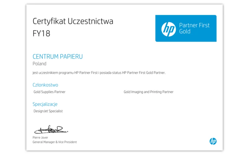 Certyfikat HP Partner First Gold Partner